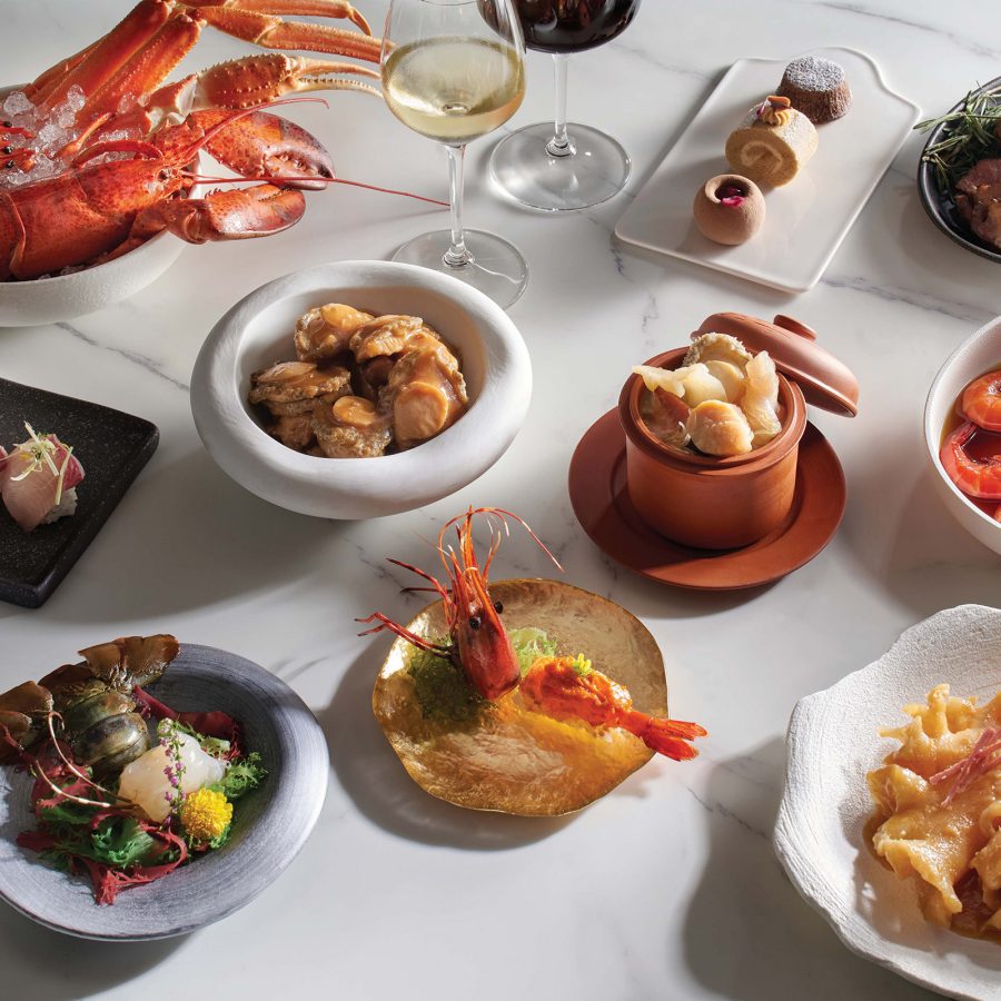 A spread of appetising dishes, including copious seafood.